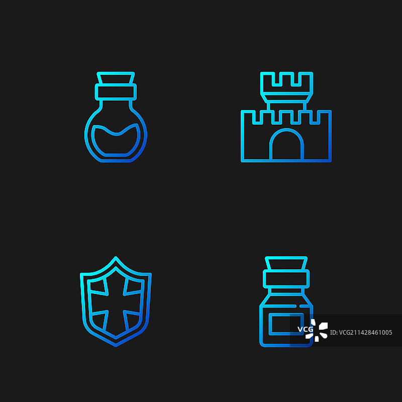 线条图案：瓶装毒药、盾牌和城堡图片素材