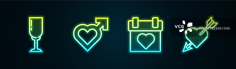 香槟酒杯、带男性标志的心形线条组合图片素材