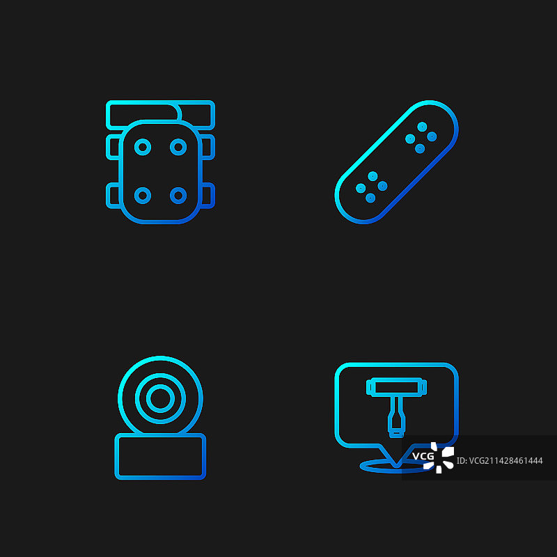 滑板T形工具、轮子、护膝和滑板图标图片素材