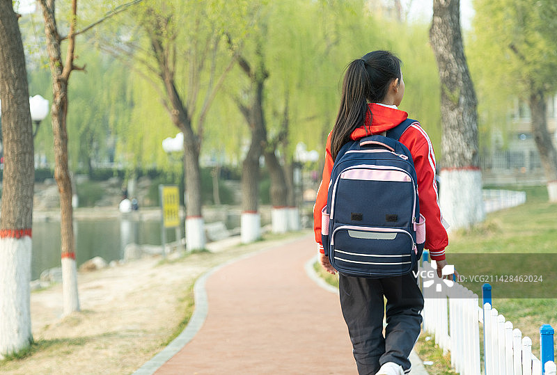 背着书包走在路上的小女孩背影图片素材