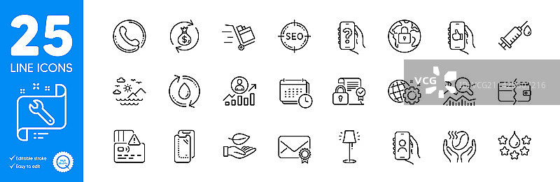 卡片、咖啡和品质轮廓图标图片素材