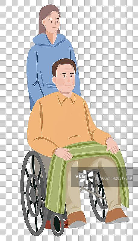 中老年人生病住院退休养老休养坐轮椅陪伴呵护关爱关心老人身体健康插画图片素材