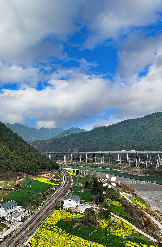 阳春三月的广元飞仙关交通枢纽，图中是宝成铁路和G5京昆高速公路位于嘉陵江流域飞仙关口！图片素材