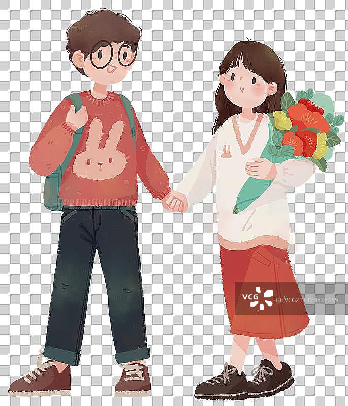 情侣牵手扁平肌理可爱手绘元素图片素材