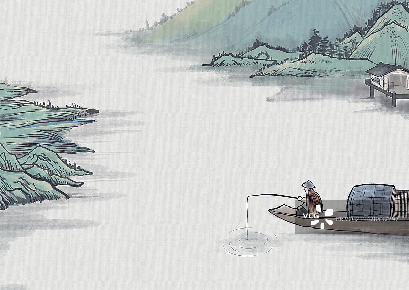 水墨山水钓鱼的人图片素材