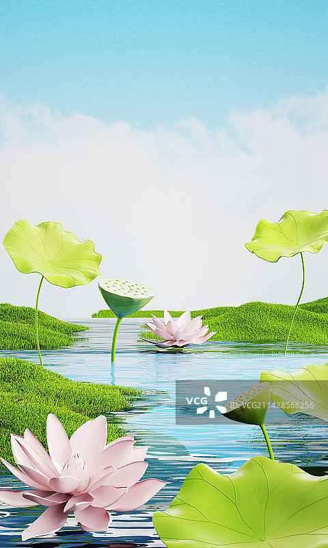 3D夏天唯美荷花插画场景图片素材