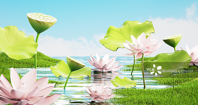3D夏天唯美荷花插画场景图片素材