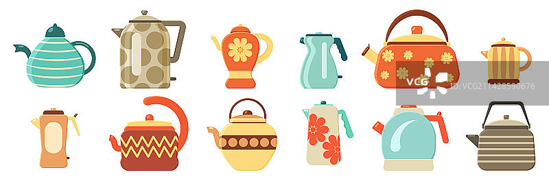 扁平风格水壶套装厨房用具热茶饮品图片素材