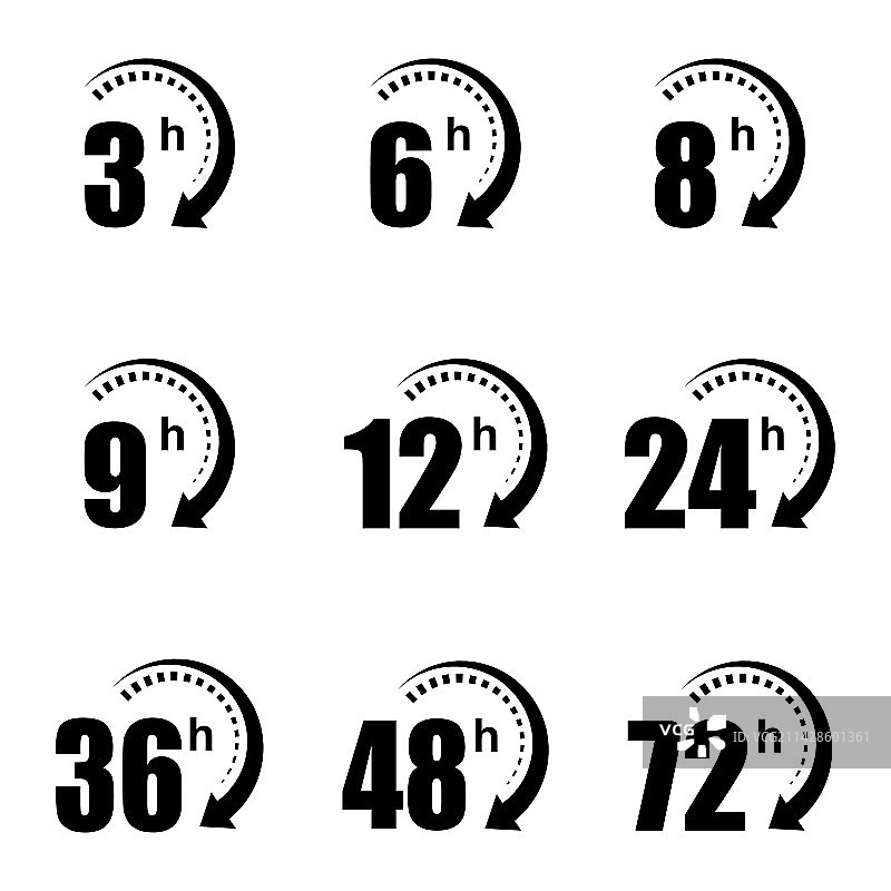 3、6、8、9、12、24、36、48和72小时时钟箭头图片素材