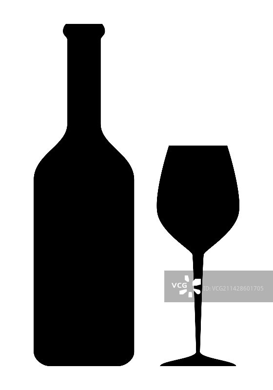 葡萄酒瓶和酒杯的黑色剪影图片素材