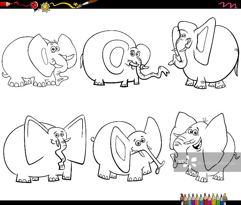 有趣的卡通大象动物涂色页图片素材
