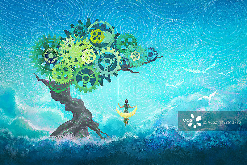 树下坐在月亮上的少女荡着秋千遥望远方插画壁纸图片素材