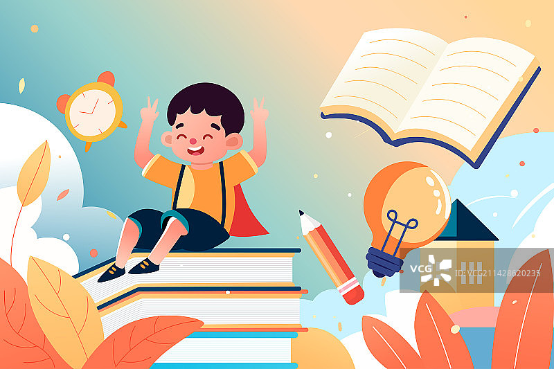 少儿学前教育学生小学读书新学期开学季插画图片素材