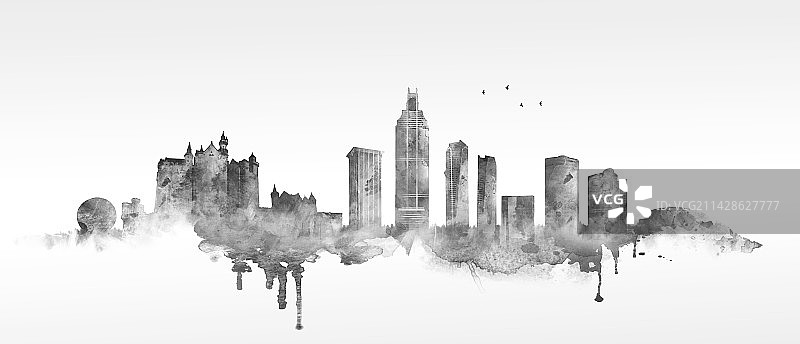 手绘大连城市建筑泼墨背景图片素材