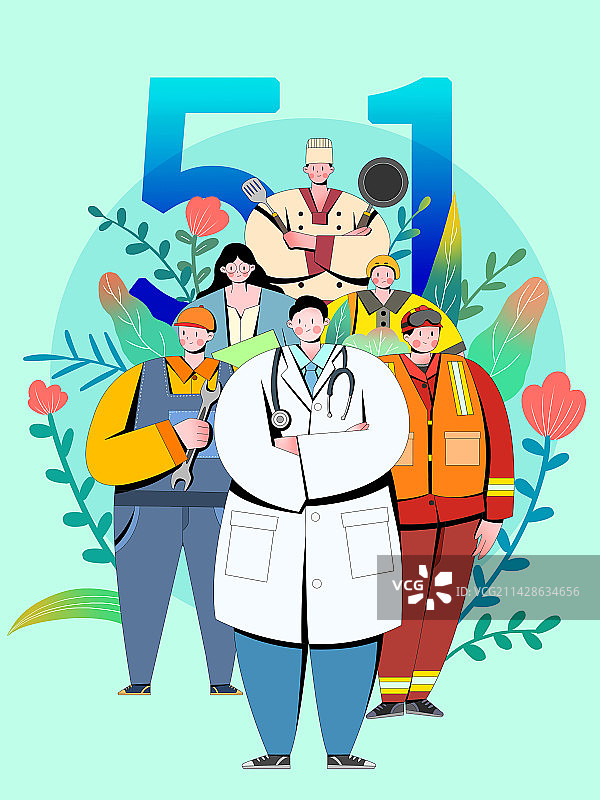 扁平风五一劳动节各行业人物插画图片素材