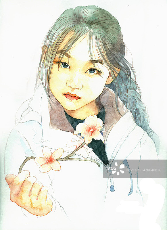 一枝桃花 水彩画图片素材