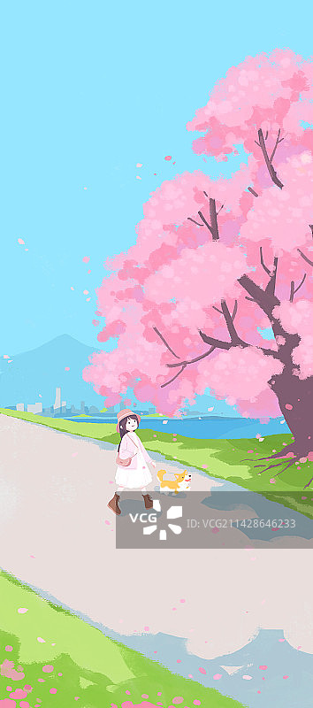 春天绿草地旁樱花树下女孩带着小狗散步图片素材