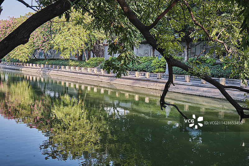 广州芳村杏花大街河涌河道公园绿树水面倒影图片素材