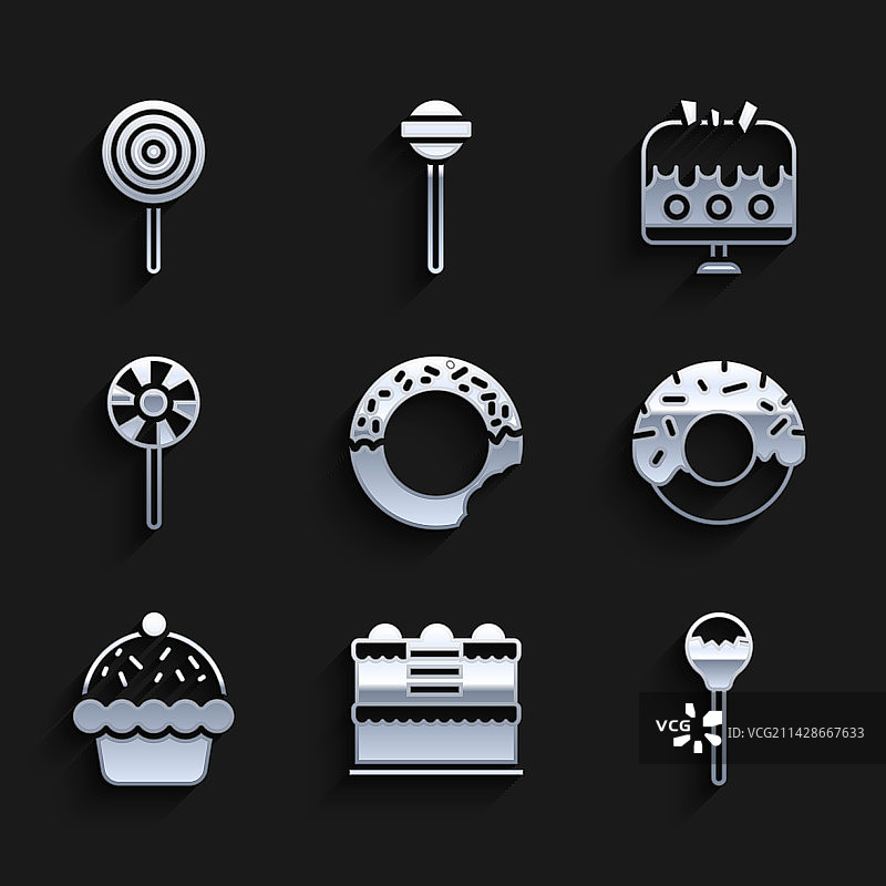 甜甜圈蛋糕棒棒糖纸杯蛋糕盘子和图标图片素材