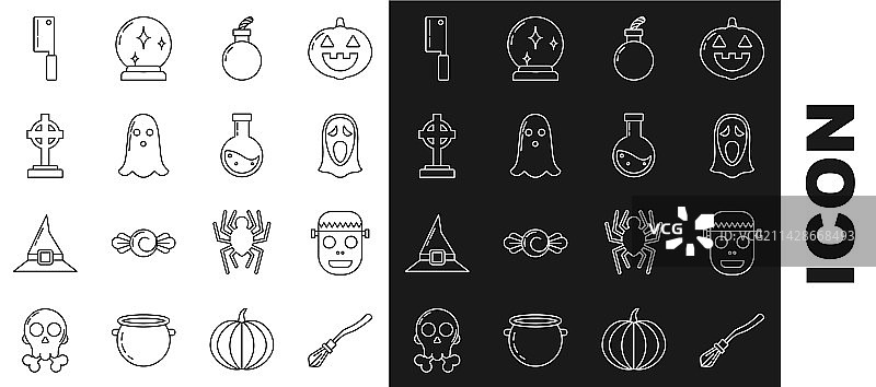 女巫扫帚、僵尸面具和滑稽元素图片素材