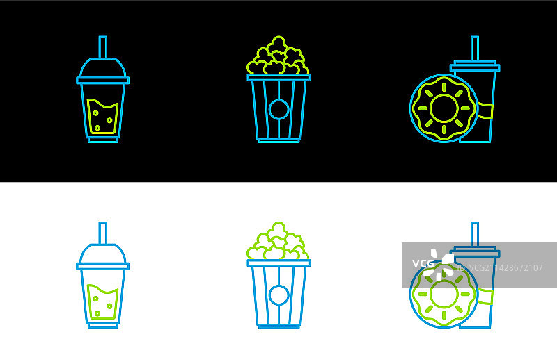 线条、纸、带吸管的玻璃杯和甜甜圈图片素材