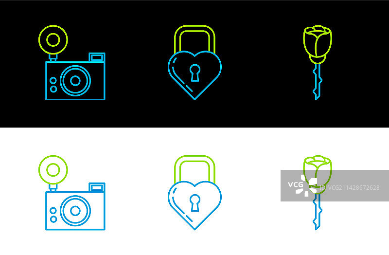 线条图标：玫瑰、相机和城堡图片素材
