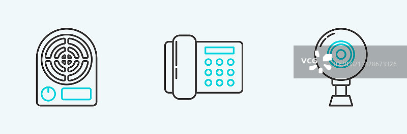 网络摄像头、电暖器和电话线性图标集图片素材