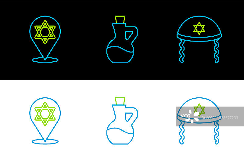 犹太小圆帽、大卫之星和瓶子图标图片素材