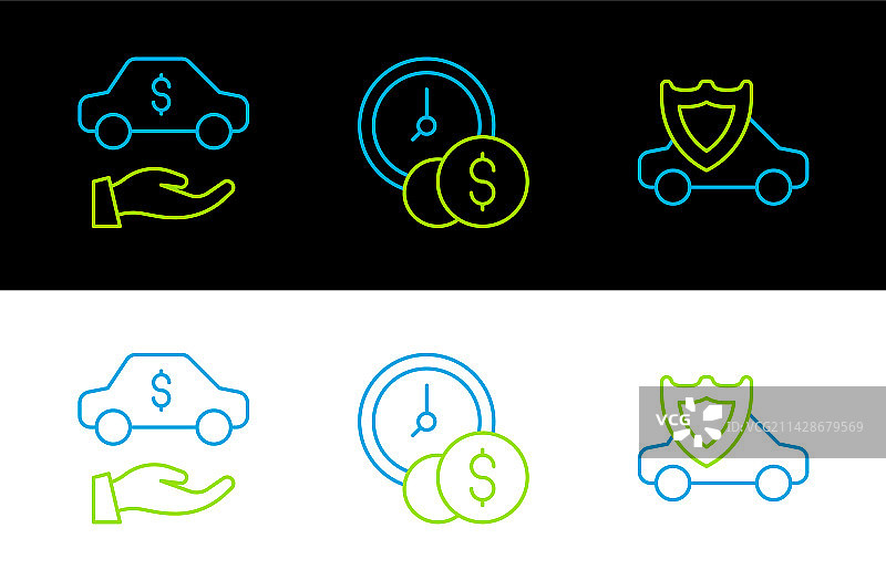 带有盾牌的汽车租赁和时间就是金钱线性图标图片素材