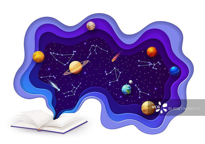 带有打开的书本行星星系的剪纸图片素材