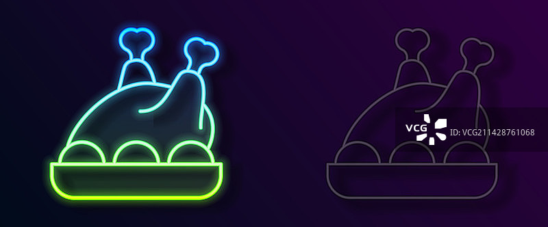 霓虹灯线条烤火鸡或鸡肉图标图片素材