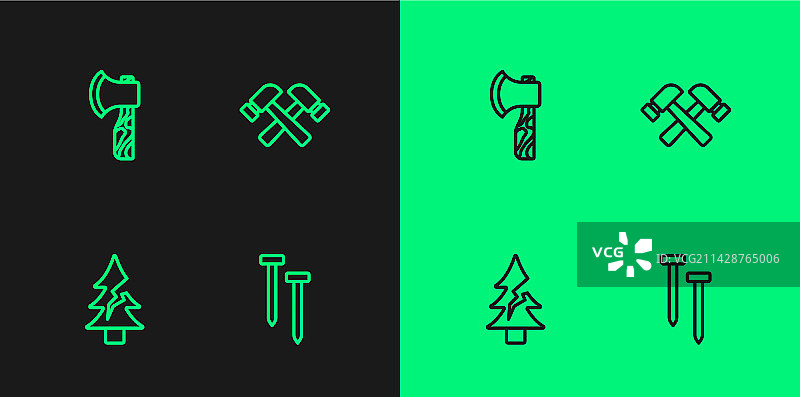 金属钉树木木斧线性图标图片素材