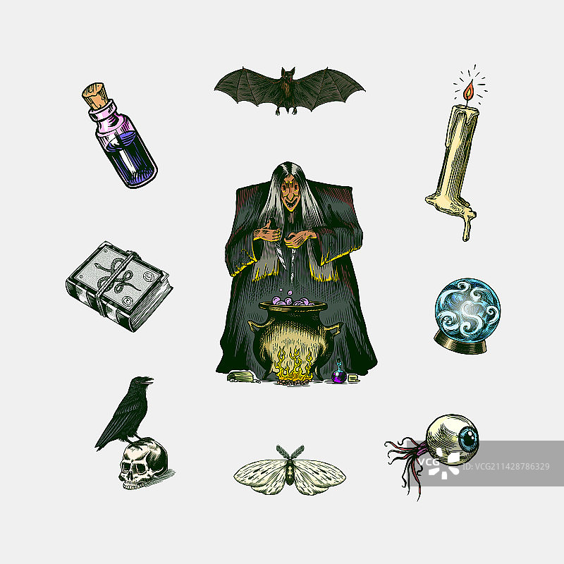 女巫在坩埚中酿造药水魔法球图片素材