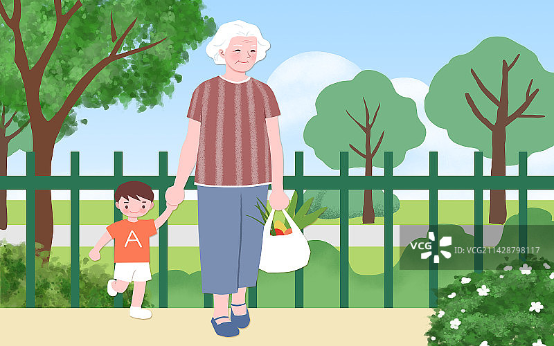 老年人买菜带孩子图片素材