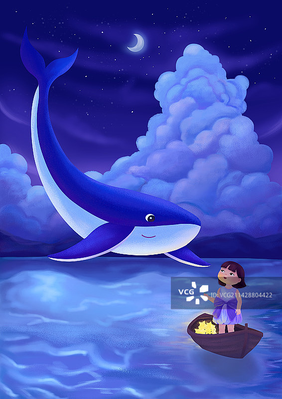 夜色中，一只蓝色鲸鱼游向站在船中的女孩图片素材