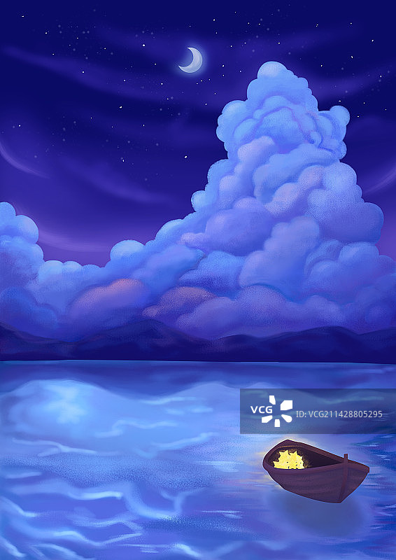 夜空背景：一只载满星星的小船飘在水面上图片素材