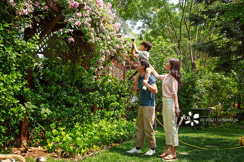 幸福的一家三口在院子里浇水图片素材