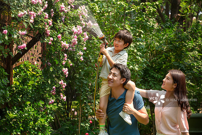 幸福的一家三口在院子里浇水图片素材