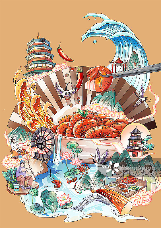 国潮风格夏季夜市美食小龙虾图片素材