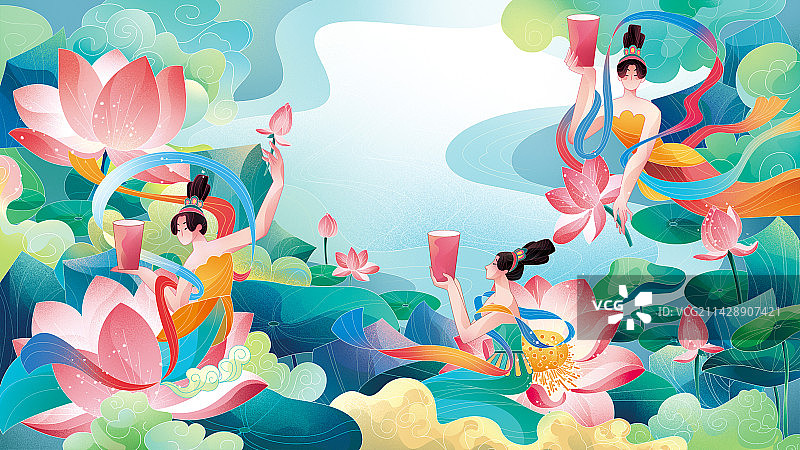 新国潮敦煌飞天女夏日荷花插画图片素材