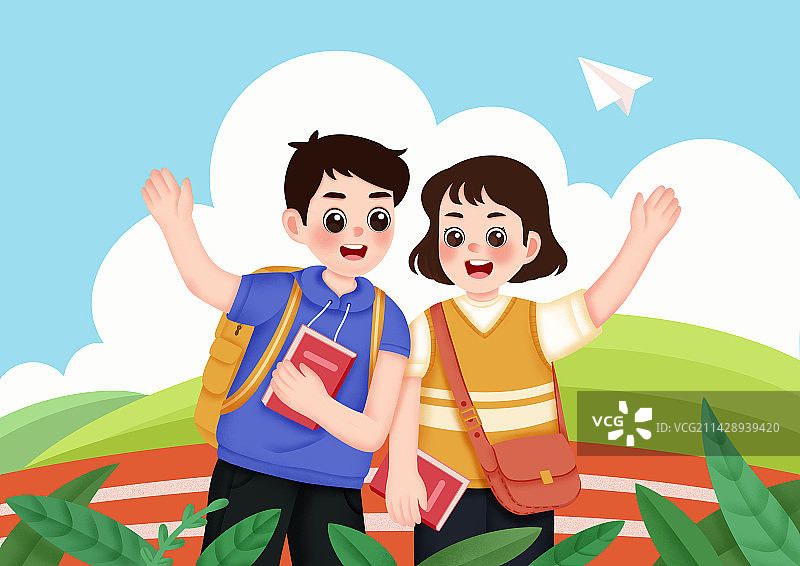 站在操场的背着书包男女同学，考研图片素材