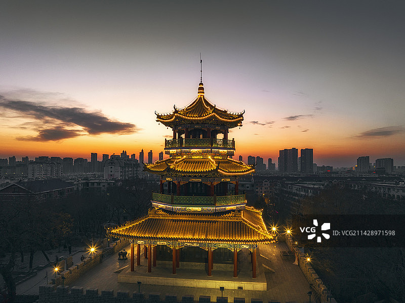 航拍辽宁海城市厝石山公园魁星楼落日风景图片素材