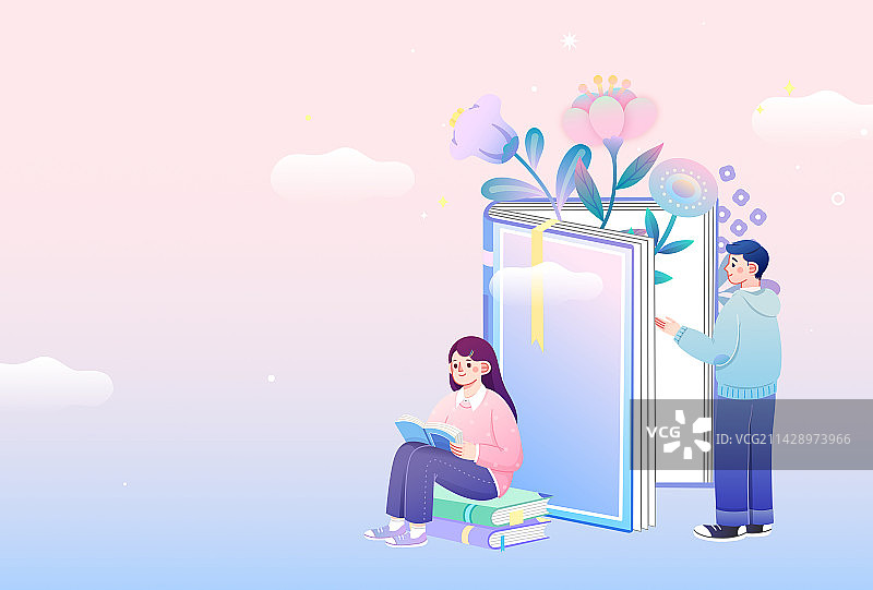 世界读书日-在阅读看书的两个人粉紫色矢量插画图片素材