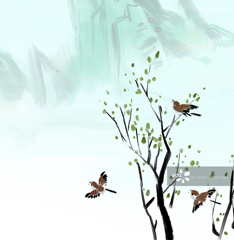 手绘中国风意境水墨山水画图片素材