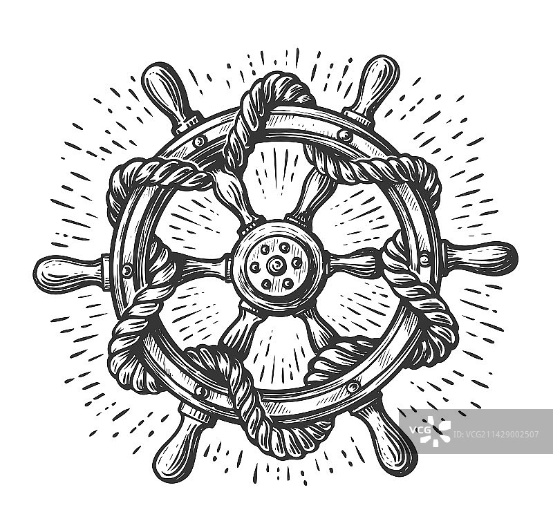 带绳复古木制方向盘手绘图图片素材