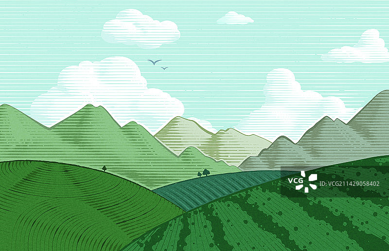 唯美自然山景与茶田手绘蚀刻风插画背景图片素材