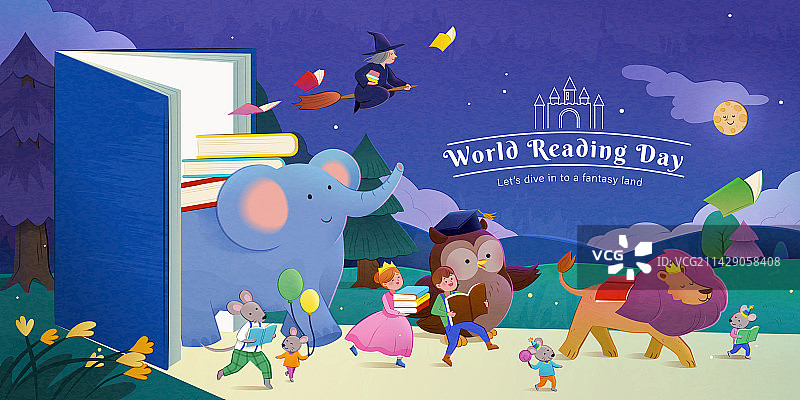 国际阅读日插画海报 童话绘本角色夜晚游行图片素材