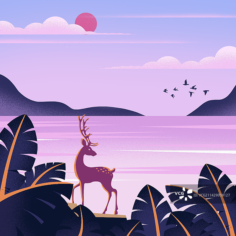 扁平渐变肌理风景插画-湖边·鹿图片素材