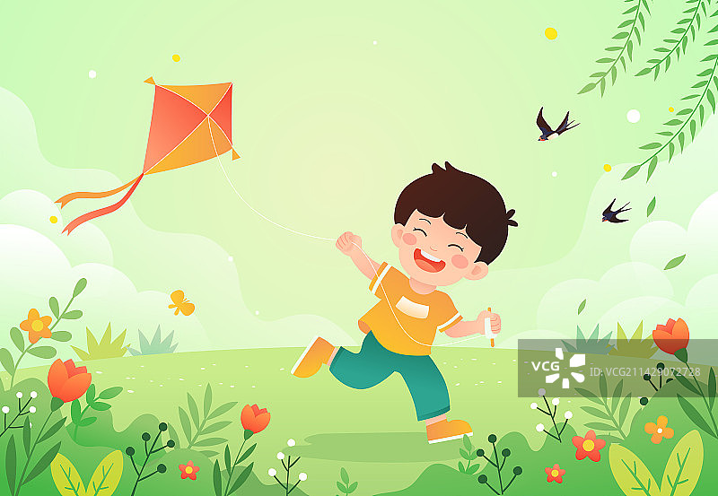 春天户外小男孩放风筝图片素材