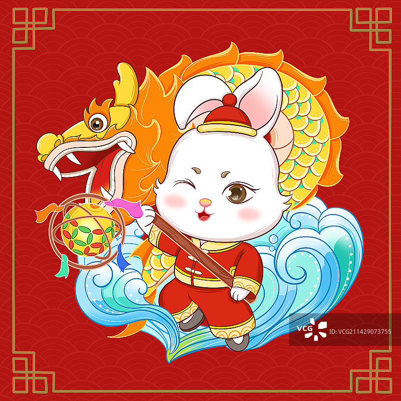 卡通国潮风兔年舞龙的兔子图片素材